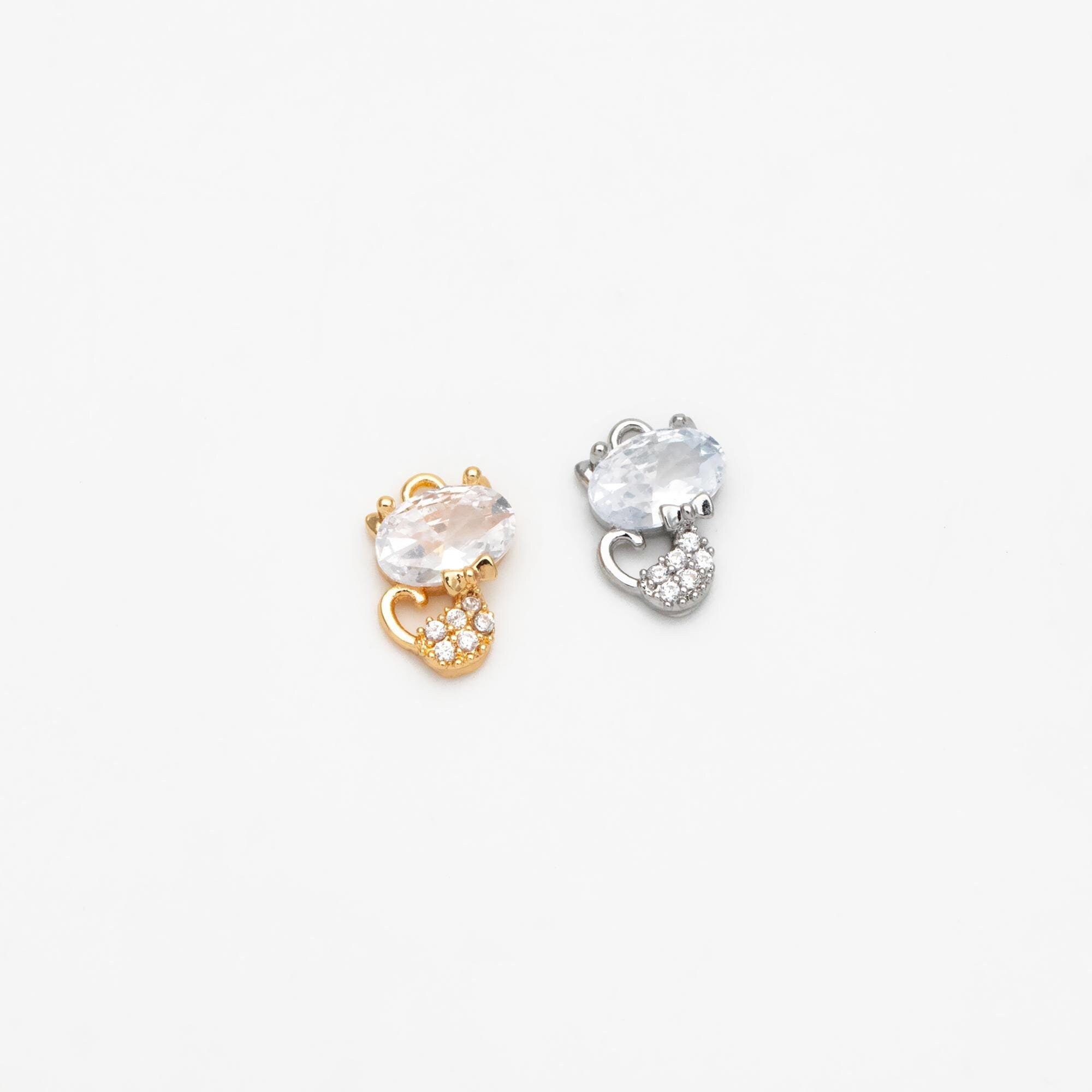 4pcs CZ Pave Gold/ Silver Tone Cat Charms, 18K Gold/ Rhodium plated Brass, Cute Animal Charms (GB-2074-A)
